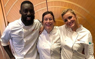 Sara Bradley, center, Kelsey Barnard Clark, and Eric Adjepong are Top Chef finalists. (Sara Bradley/Facebook, via JTA)