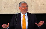 Pitzer College President Melvin Oliver addressed students and faculty on March 11, 2016. (screen capture: Pitzer College)