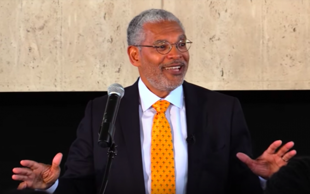 Pitzer College President Melvin Oliver addressed students and faculty on March 11, 2016. (screen capture: Pitzer College)