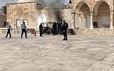 A fire rages in a police post on Jerusalem's Temple Mount after a Molotov cocktail was thrown at it on March 12, 2019. (Ir Amim)