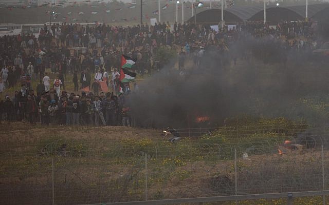 Palestinians riot along the Gaza border during Land Day demonstrations on March 30, 2019. (IDF)