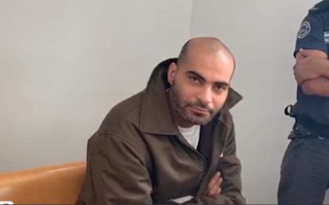 Mahmoud Jabarin, suspected of aiding Hezbollah, at the Haifa District Court on March 22, 2019 (Walla news video screenshot) Mahmoud Jabarin, suspected of aiding Hezbollah, at the Haifa District Court on March 22, 2019 (Walla news video screenshot)