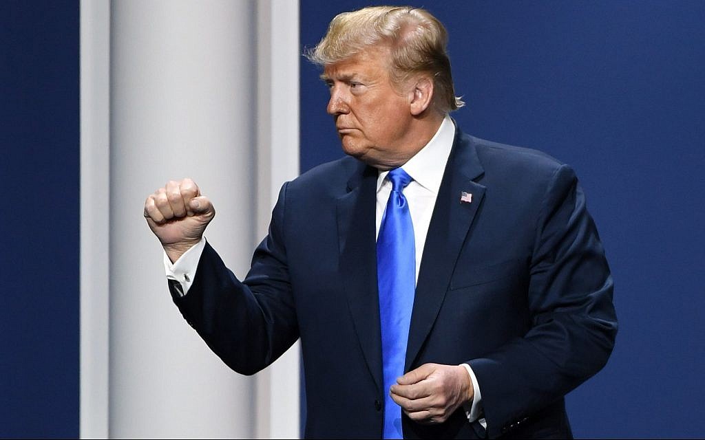 US President Donald Trump gestures after speaking during the Republican Jewish Coalition's annual leadership meeting at The Venetian Las Vegas, April 6, 2019. (Ethan Miller/Getty Images/via JTA) US President Donald Trump gestures after speaking during the Republican Jewish Coalition's annual leadership meeting at The Venetian Las Vegas, April 6, 2019. (Ethan Miller/Getty Images/via JTA)