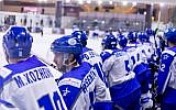 Illustrative: Israel national hockey team members on the bench at the IIHF world championships in Mexico City, April 2019. (Ice Hockey Federation of Israel)