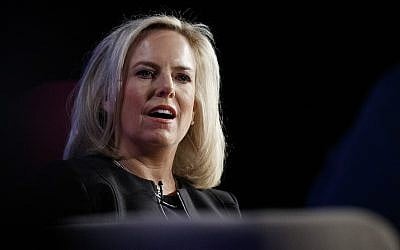 Homeland Security Secretary Kirstjen Nielsen speaks at George Washington University's Jack Morton Auditorium in Washington, on March 18, 2019. (AP Photo/Carolyn Kaster)
