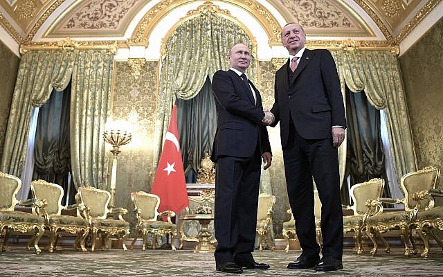 Russian President Vladimir Putin, left, and Turkish President Recep Tayyip Erdogan during their meeting in the Kremlin in Moscow, Russia, April 8, 2019. (Alexei Nikolsky, Sputnik, Kremlin Pool Photo via AP) Russian President Vladimir Putin, left, and Turkish President Recep Tayyip Erdogan during their meeting in the Kremlin in Moscow, Russia, April 8, 2019. (Alexei Nikolsky, Sputnik, Kremlin Pool Photo via AP)