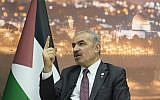 Palestinian Authority Prime Minister Mohammad Shtayyeh talks during an interview with The Associated Press, at his office in the West Bank city of Ramallah, Tuesday, April 16, 2019. (AP Photo/Nasser Nasser)