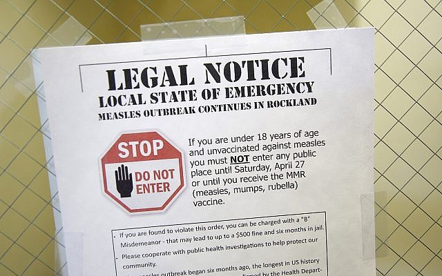 A notice explainis the local state of emergency because of a measles outbreak at the Rockland County Health Department in Pomona, New York, on March 27, 2019. (AP Photo/Seth Wenig) A notice explainis the local state of emergency because of a measles outbreak at the Rockland County Health Department in Pomona, New York, on March 27, 2019. (AP Photo/Seth Wenig)