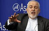 Iran's Foreign Minister Mohammad Javad Zarif speaks at the Asia Society in New York, Wednesday, April 24, 2019. (AP Photo/Richard Drew)