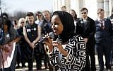 US Rep Ilhan Omar speaks to support LGBTQ and allied high school students from across the state of Minnesota who marched to the State Capitol steps Thursday, March 21, 2019 in St. Paul, Minnesota. (AP/Jim Mone)