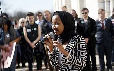 US Rep Ilhan Omar speaks to support LGBTQ and allied high school students from across the state of Minnesota who marched to the State Capitol steps Thursday, March 21, 2019 in St. Paul, Minnesota. (AP/Jim Mone)