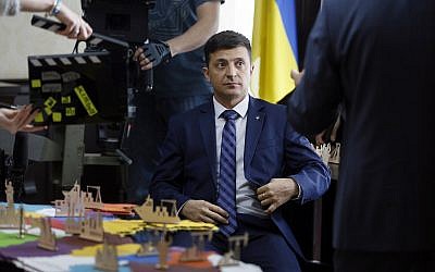 Ukrainian comedian Volodymyr Zelensky, who played the nation's president in a popular TV series, is photographed on the film set in Kiev, Ukraine, on February 6, 2019. (AP/Efrem Lukatsky) Ukrainian comedian Volodymyr Zelensky, who played the nation's president in a popular TV series, is photographed on the film set in Kiev, Ukraine, on February 6, 2019. (AP/Efrem Lukatsky)