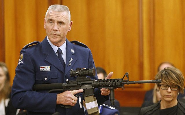 Police Sr. Sgt. Paddy Hannan shows New Zealand lawmakers in Wellington, April 2, 2019, an AR-15 style rifle similar to one of the weapons a gunman used to kill 50 people at two mosques. (AP/Nick Perry) Police Sr. Sgt. Paddy Hannan shows New Zealand lawmakers in Wellington, April 2, 2019, an AR-15 style rifle similar to one of the weapons a gunman used to kill 50 people at two mosques. (AP/Nick Perry)