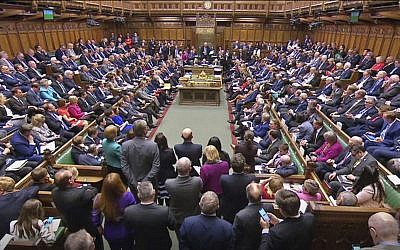 Illustrative: Screen grab taken from video of a packed chamber during Prime Minister's Questions in the House of Commons, London, April 3, 2019 (House of Commons/PA via AP)
