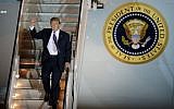 US President Donald Trump disembarks from Air Force One after arriving at McCarran International Airport, April 5, 2019, in Las Vegas (AP Photo/John Locher)