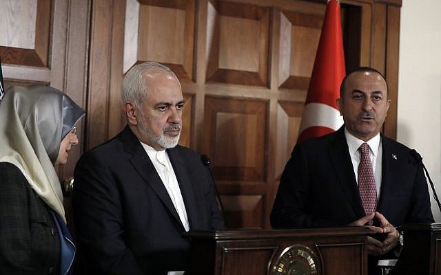 Turkish Foreign Minister Mevlut Cavusoglu, right, and Iran's Foreign Minister Mohammad Javad Zarif speak during a joint news conference in Ankara, Turkey, April 17, 2019. (AP Photo/Burhan Ozbilici) Turkish Foreign Minister Mevlut Cavusoglu, right, and Iran's Foreign Minister Mohammad Javad Zarif speak during a joint news conference in Ankara, Turkey, April 17, 2019. (AP Photo/Burhan Ozbilici)