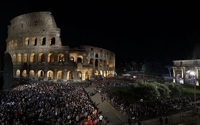 A view of the Colosseum, lit ahead of Pope Francis arrival for the Via Crucis (Way of the Cross) torchlight procession on Good Friday April 19, 2019. (AP Photo/Andrew Medichini) A view of the Colosseum, lit ahead of Pope Francis arrival for the Via Crucis (Way of the Cross) torchlight procession on Good Friday April 19, 2019. (AP Photo/Andrew Medichini)