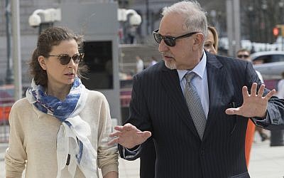 Clare Bronfman, left, arrives at Federal court with her attorney Mark Geragos in the Brooklyn borough of New York, April 19, 2019 (AP Photo/Mary Altaffer)
