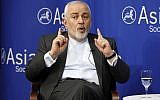 Iran's Foreign Minister Mohammad Javad Zarif speaks at the Asia Society in New York, April 24, 2019. (AP Photo/Richard Drew)