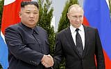 Russian President Vladimir Putin, right, and North Korea's leader Kim Jong Un shake hands during their meeting in Vladivostok, Russia, April 25, 2019 (AP Photo/Alexander Zemlianichenko, Pool)