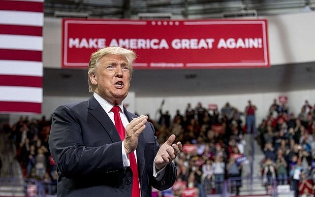 US President Donald Trump arrives at a rally at Resch Center Complex in Green Bay, Wis., Saturday, April 27, 2019. (AP Photo/Andrew Harnik)