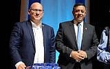 Leader of Labor Party Avi Gabbay (R) and Labor's secretary-general Eran Hermoni at a party conference in Tel Aviv, April 24, 2018. (Gili Yaari/FLASH90)