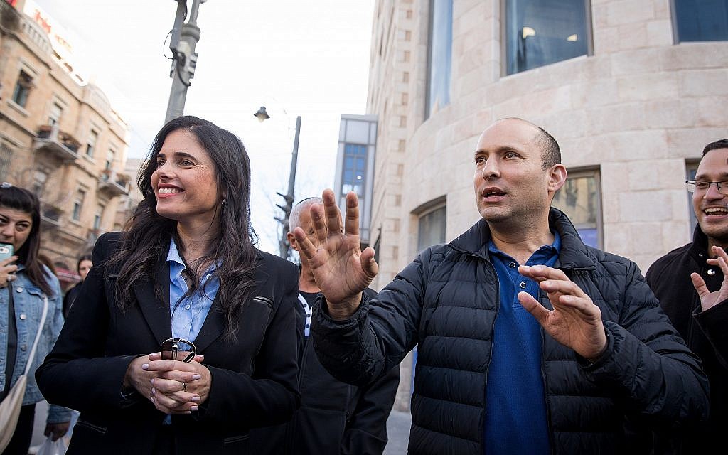 Then-education minister Naftali Bennett and then-justice minister Ayelet Shaked from the New Right party at an election campaign tour in central Jerusalem on January 23, 2019. (Noam Revkin Fenton/Flash90) Then-education minister Naftali Bennett and then-justice minister Ayelet Shaked from the New Right party at an election campaign tour in central Jerusalem on January 23, 2019. (Noam Revkin Fenton/Flash90)