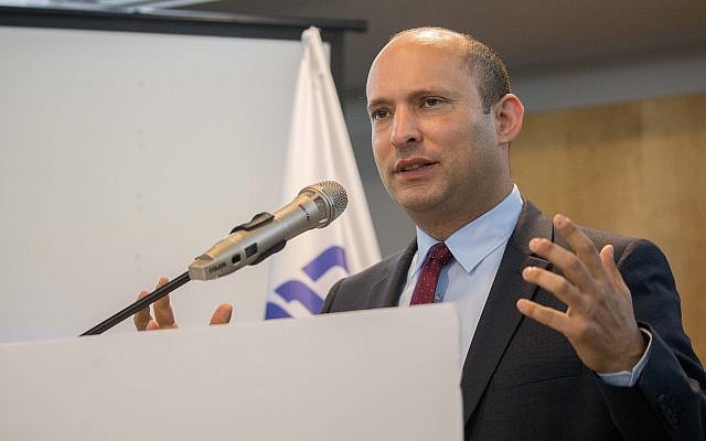 Education Minister Naftali Bennett speaks at a press conference for his New Right party in the southern port city of Ashdod on March 26, 2019. (Yonatan Sindel/Flash90) Education Minister Naftali Bennett speaks at a press conference for his New Right party in the southern port city of Ashdod on March 26, 2019. (Yonatan Sindel/Flash90)