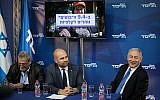 Prime Minister Benjamin Netanyahu welcomes far-right Likud supporter Giora Ezra to the podium at a press conference, at the Prime Minister's Residence in Jerusalem, on April 1, 2019. (Hadas Parush/Flash90)
