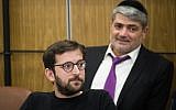 Likud campaign manager Jonathan Orich (front) and Likud campaigner Yitzhak Haddad (back) attend a Central Elections Committee meeting at the Knesset on April 3, 2019. (Yonatan Sindel/Flash90)