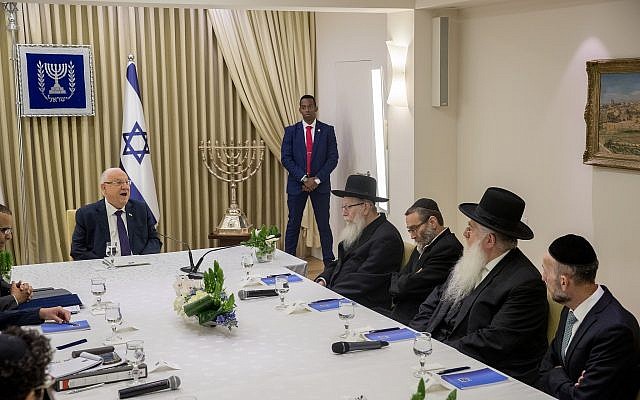 Members of the United Torah Judaism party meet with President Reuven Rivlin at the President's Residence in Jerusalem on April 15, 2019. (Yonatan Sindel/Flash90) Members of the United Torah Judaism party meet with President Reuven Rivlin at the President's Residence in Jerusalem on April 15, 2019. (Yonatan Sindel/Flash90)