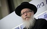 Deputy health minister Yaakov Litzman seen during a press conference after meeting with president Reuven Rivlin at the President's Residence in Jerusalem on April 15, 2019. (Yonatan Sindel/Flash90)