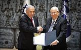 President Reuven Rivlin (right) and Prime Minister Benjamin Netanyahu at the president's residence in Jerusalem on April 17, 2019, as Rivlin asks Netanyahu to form a new coalition after the April 9 elections. (Noam Revkin Fenton/Flash90)