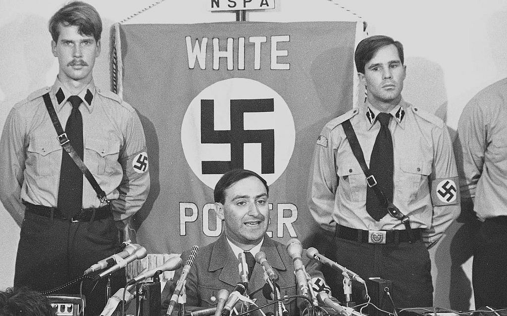 Illustrative: American Nazi leader Frank Collin calls off the Skokie march in 1978. (public domain)