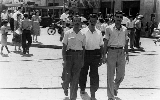 Israeli spy Gamliel (left) walks with Isaac Shimon Horesh in downtown Beirut, in the summer of 1949. (courtesy of the Palmach Museum, Tel Aviv)