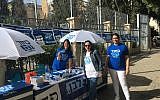 Ayala Noy (l) and other Blue and White activists at a polling station in Rehovot, April 9, 2019 (Simona Weinglass/Times of Israel)