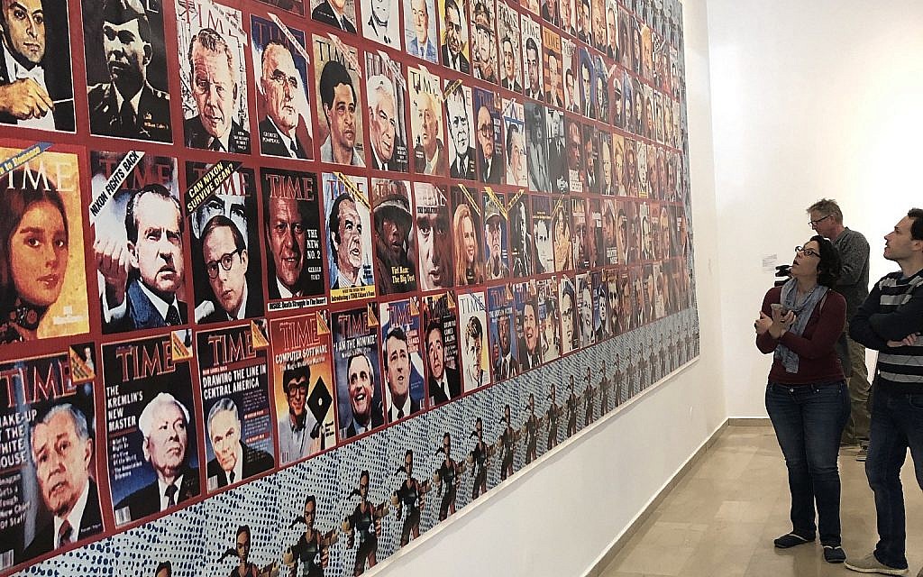 'Jesslyn Fax Stories,' a pastiche of Time magazine covers, at the entrance of an exhibit at the Haifa Museum of Art (Jessica Steinberg/Times of Israel) 'Jesslyn Fax Stories,' a pastiche of Time magazine covers, at the entrance of an exhibit at the Haifa Museum of Art (Jessica Steinberg/Times of Israel)