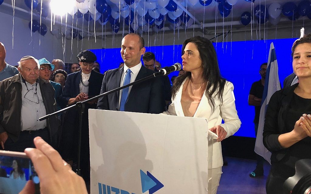 New Right co-leaders Ayelet Shaked and Naftali Bennett address supporters at their campaign headquarters in Bnei Brak at the end of election day, April 9, 2019. (Jacob Magid/Times of Israel) New Right co-leaders Ayelet Shaked and Naftali Bennett address supporters at their campaign headquarters in Bnei Brak at the end of election day, April 9, 2019. (Jacob Magid/Times of Israel)