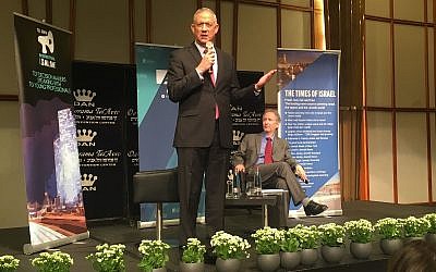 Blue and White chair Benny Gantz speaking at a Times of Israel / Tel Aviv International Salon event on April 2, 2019. (Stephanie Bitan/Times of Israel)