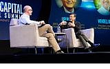 Wendell Brooks (left), president of Intel Capital and senior vice president of Intel Corp., and Lip-Bu Tan, CEO of Cadence Design Systems and chairman of Walden International, discuss disruption on stage at the 2019 Intel Capital Global Summit on April 1, 2019. (Intel Corporation)