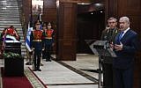 Prime Minister Benjamin Netanyahu (right) and Russian Chief of the General Staff Valery Gerasimov at an official ceremony, April 4, 2019, at which Israel received the remains of IDF soldier Zachary Baumel’s personal effects. (Kobi Gideon / GPO)