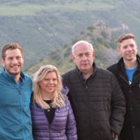 (From left to right) Avner, Sara, Benjamin and Yair Netanyahu tour the Golan Heights, on April 23, 2019. (PMO)