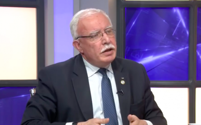 Palestinian Authority Foreign Minister Riyad al-Malki speaking to Palestine TV, the official PA channel, on April 23, 2019. (Screenshot: Palestine TV) Palestinian Authority Foreign Minister Riyad al-Malki speaking to Palestine TV, the official PA channel, on April 23, 2019. (Screenshot: Palestine TV)