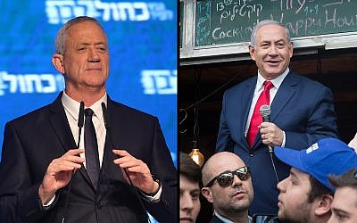 Blue and White head Benny Gantz, left, and Prime Minister Benjamin Netanyahu, right. (Noam Revkin Fenton, Yonatan Sindel/Flash90)