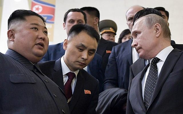 Russian President Vladimir Putin (right), and North Korea's leader Kim Jong Un (left) take an escalator after talks in Vladivostok, Russia, on April 25, 2019. (Alexei Nikolsky, Sputnik, Kremlin Pool Photo via AP) Russian President Vladimir Putin (right), and North Korea's leader Kim Jong Un (left) take an escalator after talks in Vladivostok, Russia, on April 25, 2019. (Alexei Nikolsky, Sputnik, Kremlin Pool Photo via AP)