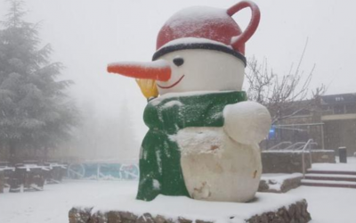 A springtime snowstorm at the entrance to the Mount Hermon site in northern Israel, April 21, 2019. (Mount Hermon ski resort)