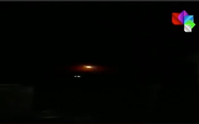 This screenshot from a video released by Syria's official news agency SANA allegedly shows Syrian air defenses firing on Israeli missiles in the province of Hama, April 13, 2019. (YouTube screenshot) This screenshot from a video released by Syria's official news agency SANA allegedly shows Syrian air defenses firing on Israeli missiles in the province of Hama, April 13, 2019. (YouTube screenshot)