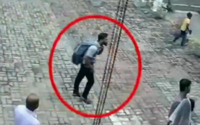 Security camera footage shows a suicide bomber, carrying a backpack, seconds before entering a church in Negombo, Sri Lanka, on April 21, 2019. (screen capture: Twitter)