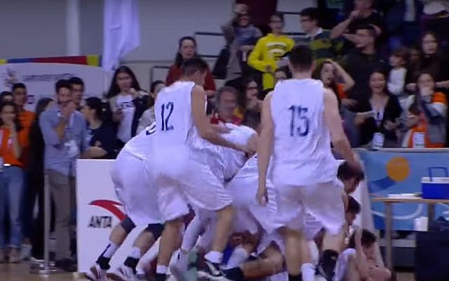 Players from Tel Aviv's Tichon Hadash high school basketball team celebrating after winning the world championship on April 19, 2019. (Screen capture: YouTube) Players from Tel Aviv's Tichon Hadash high school basketball team celebrating after winning the world championship on April 19, 2019. (Screen capture: YouTube)