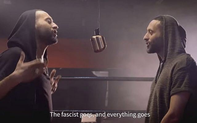 A screenshot from Nafer's "Tamer Must Vote" rap on YouTube. The full lyric is, 'The fascist goes and everything goes his way.' (Screenshot) A screenshot from Nafer's "Tamer Must Vote" rap on YouTube. The full lyric is, 'The fascist goes and everything goes his way.' (Screenshot)